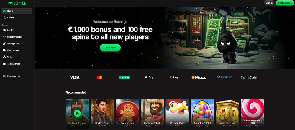 Betninja Casino-Startseite mit einem Cartoon-Ninja vor einem verschneiten Automaten, der einen 1.000 € Bonus und 100 Freispiele für neue Spieler bewirbt. Die dunkle Oberfläche bietet Navigation für Slots, Live-Casino, Tischspiele und empfohlene Titel wie Book of Dead, Sugar Rush 1000 und Big Bass Bonanza.